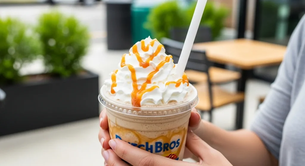 9 Dutch Bros Protein Shakes for a Lean Energy Boost 5 Person holding a takeaway protein shake topped with whipped cream outdoors.