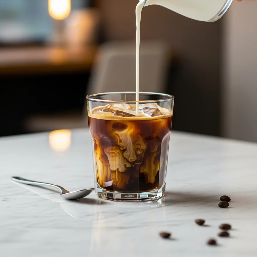 Almond milk poured into a cup with espresso and ice.