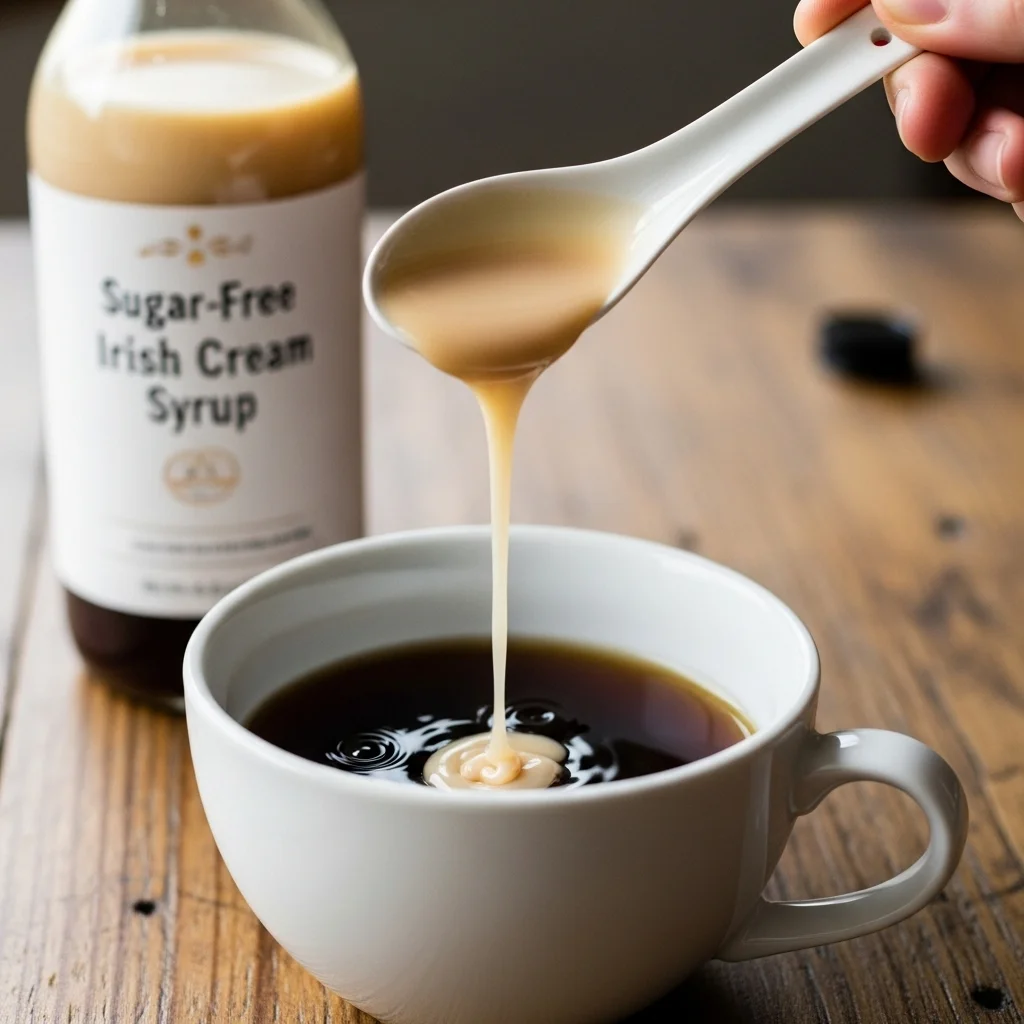 Sugar-free Irish cream syrup poured into a white cup.