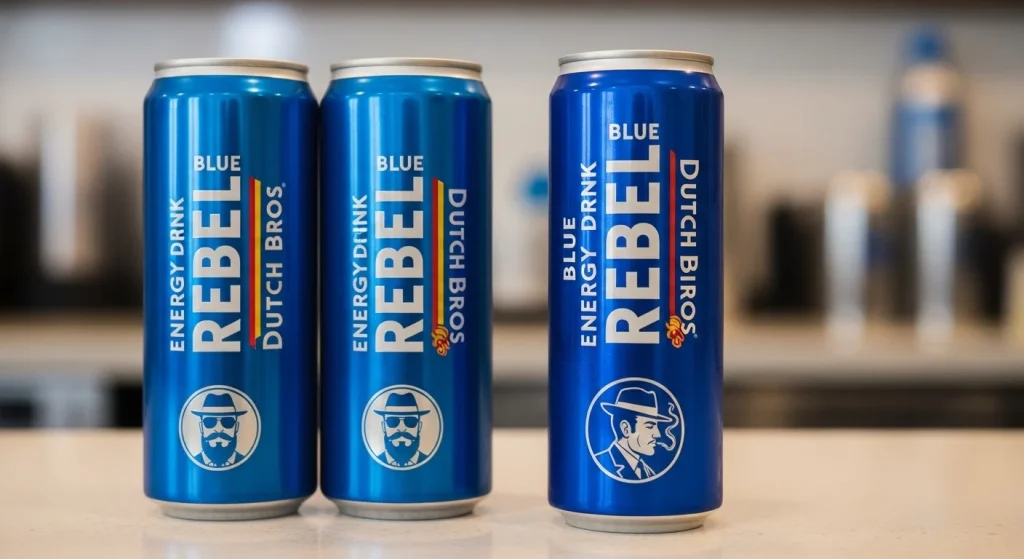 Three Blue Rebel Energy Drinks place on a table.