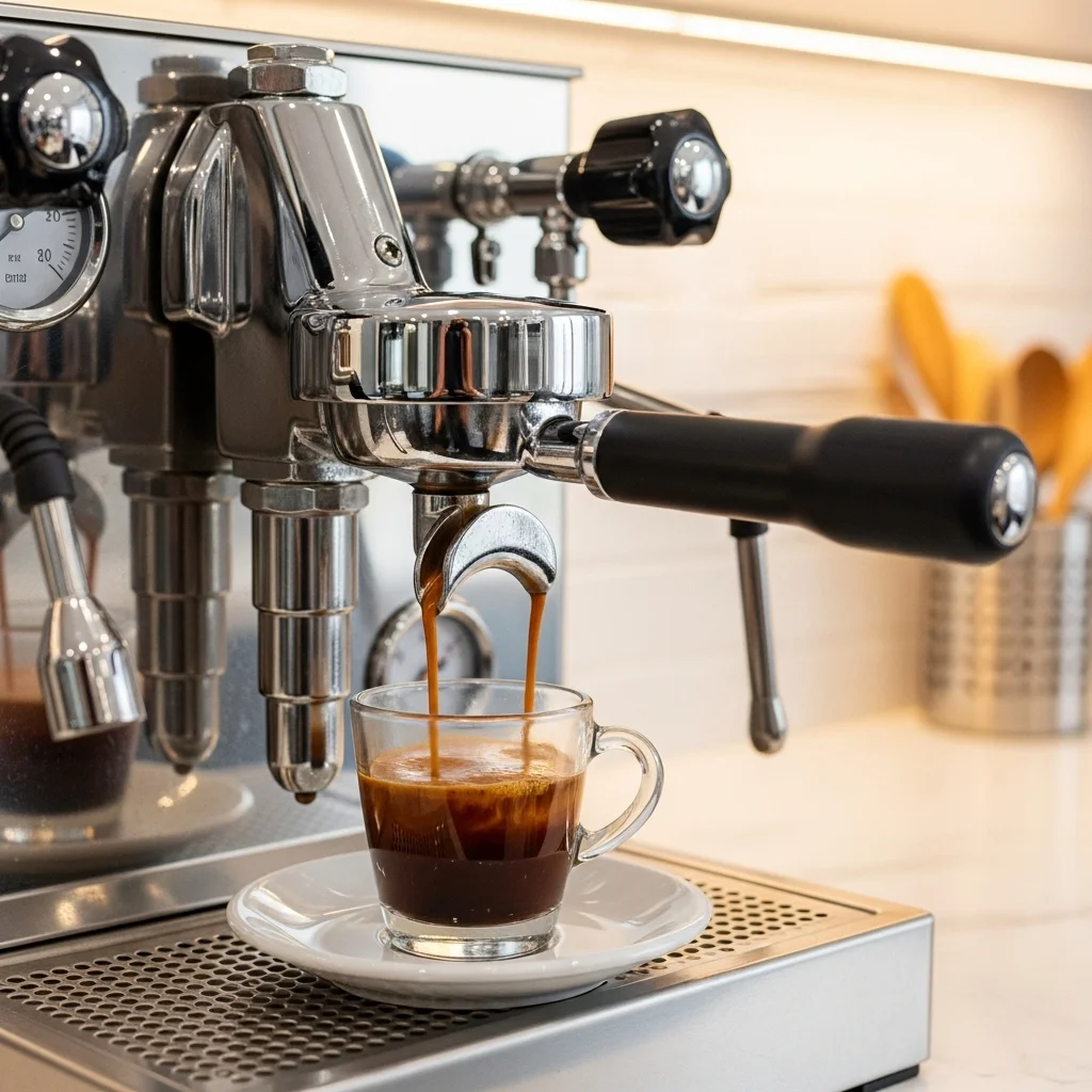 Espresso machine brewing two shots with dark crema into a glass cup.