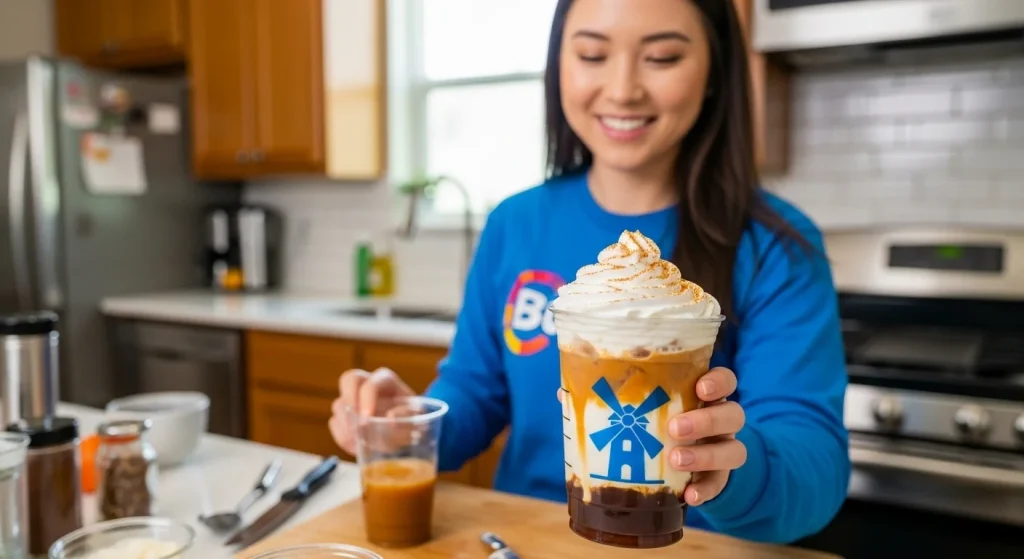 A woman wearing blue shirt make a Caramel Pumpkin Brûlée Recipe.