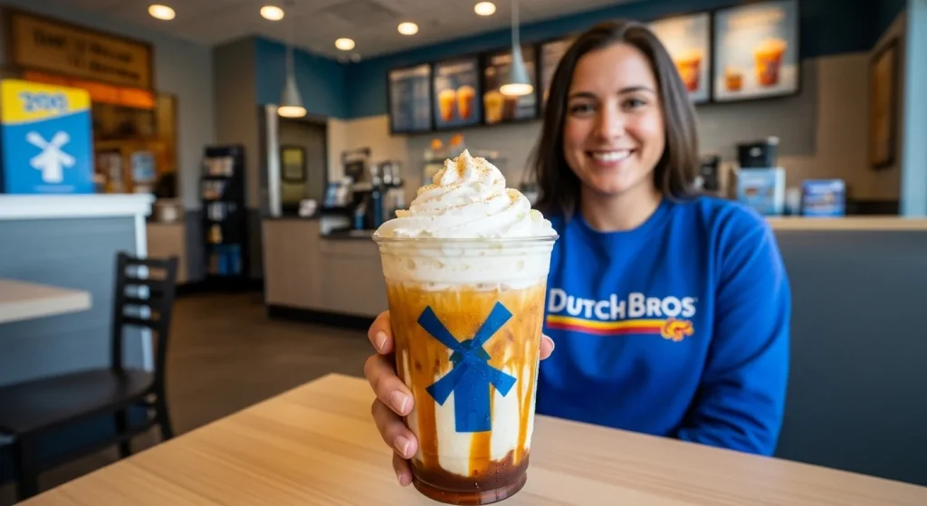 A woman with blue shirt showing Dutch Bros Caramel Pumpkin Brulee.