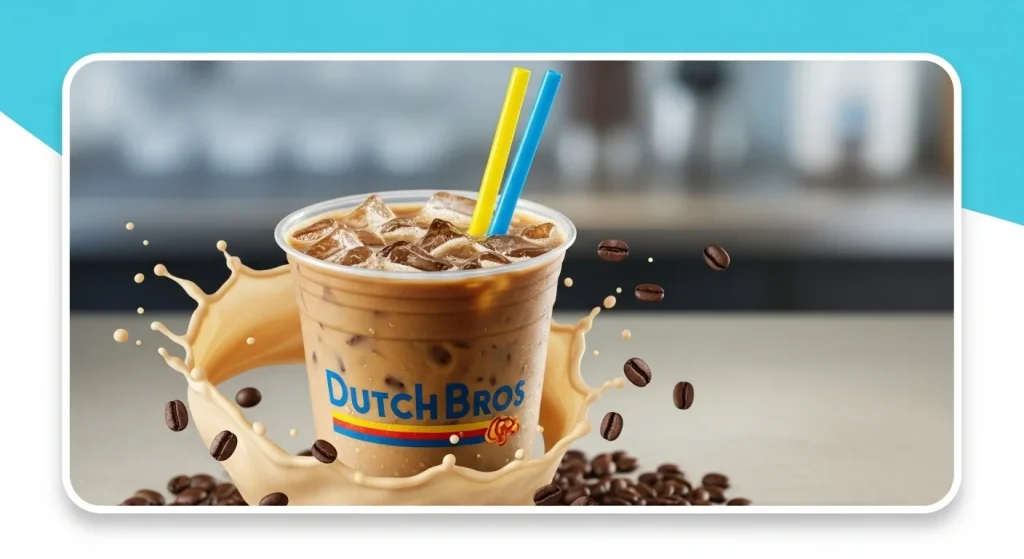 A close-up of a Dutch Bros iced coffee with a blue and yellow straw, surrounded by coffee beans and a creamy coffee splash, set against a vibrant blue, yellow, and white background.