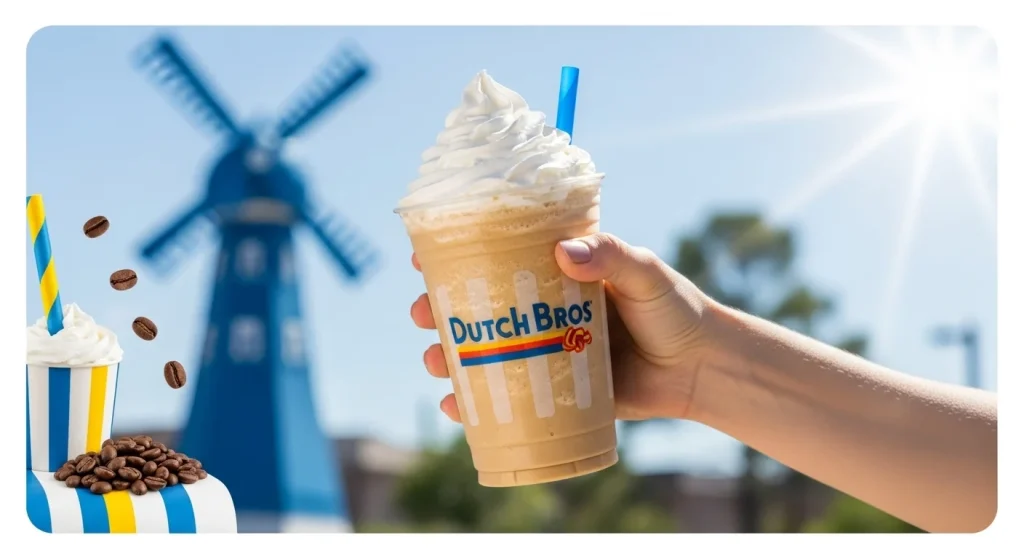 A hand holding a Dutch Bros blended coffee with whipped cream in front of a sunny backdrop with a faint windmill logo, accented with coffee beans and a straw in a vibrant blue, yellow, and white color scheme.