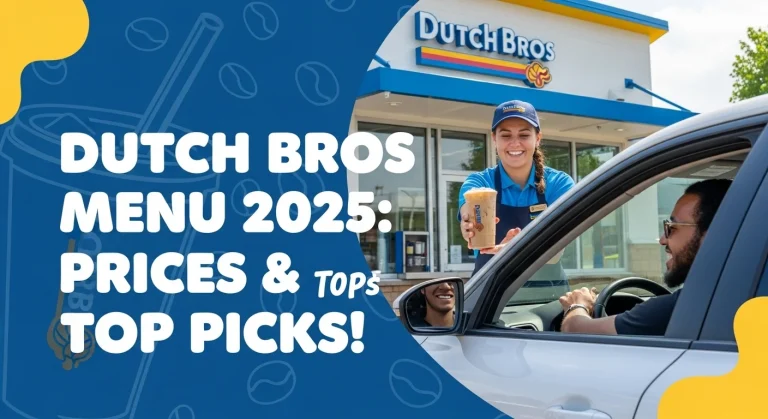 A vibrant Dutch Bros drive-thru scene with a barista handing an iced coffee to a smiling customer in a car, featuring bold white text overlay: "Dutch Bros Menu 2025: Prices & Top Picks!" in a playful font, set against a colorful blue, yellow, and white background with coffee bean accents.