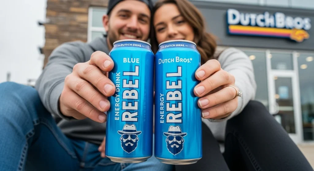A couple with smiling face showing dutch bros rebel energy drinks.