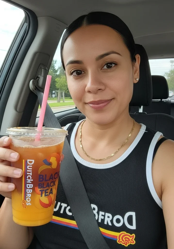 A young woman showing Earl Grey Tea dutch bros drink in her hand.