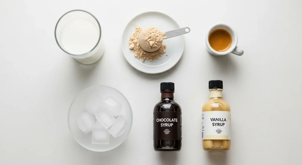 9 Dutch Bros Protein Shakes for a Lean Energy Boost 3 Protein powder, milk, ice, espresso, and syrups arranged on a white counter.