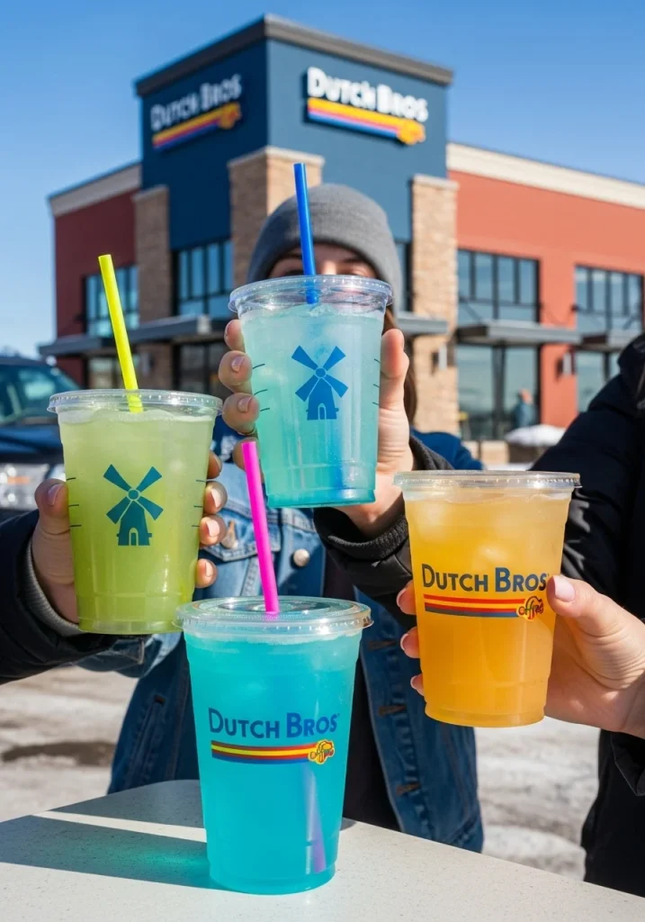 Save This List: 12 Low-Cal Dutch Bros Drinks for Your Next Order! 5 three persons showing green tea drinks at front of dutch bros store.