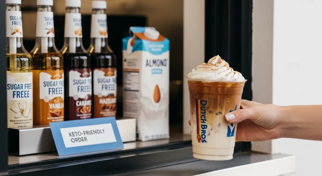 Barista handing a keto-friendly sugar-free iced coffee at Dutch Bros drive-thru with almond milk and syrup bottles nearby.