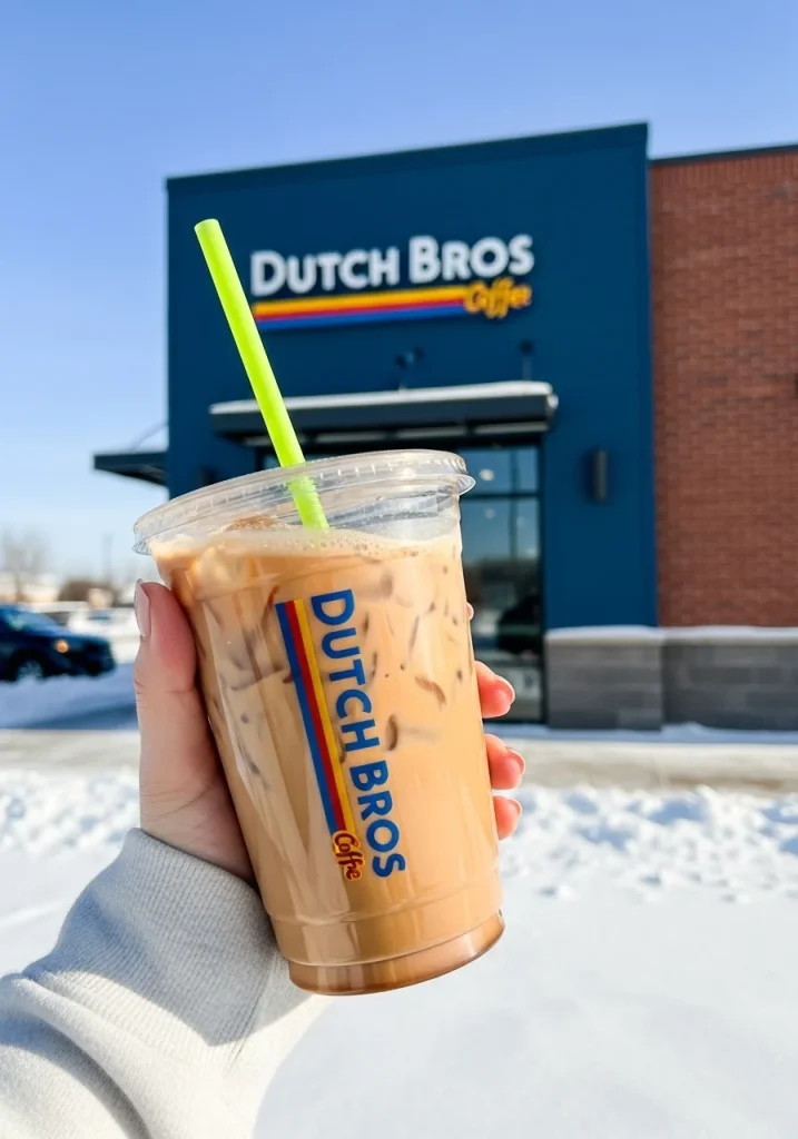 7 Dutch Bros Iced Coffee Drinks To Try 5 a person standing on iced and show Iced Americano Strong espresso at front of dutch bros store.
