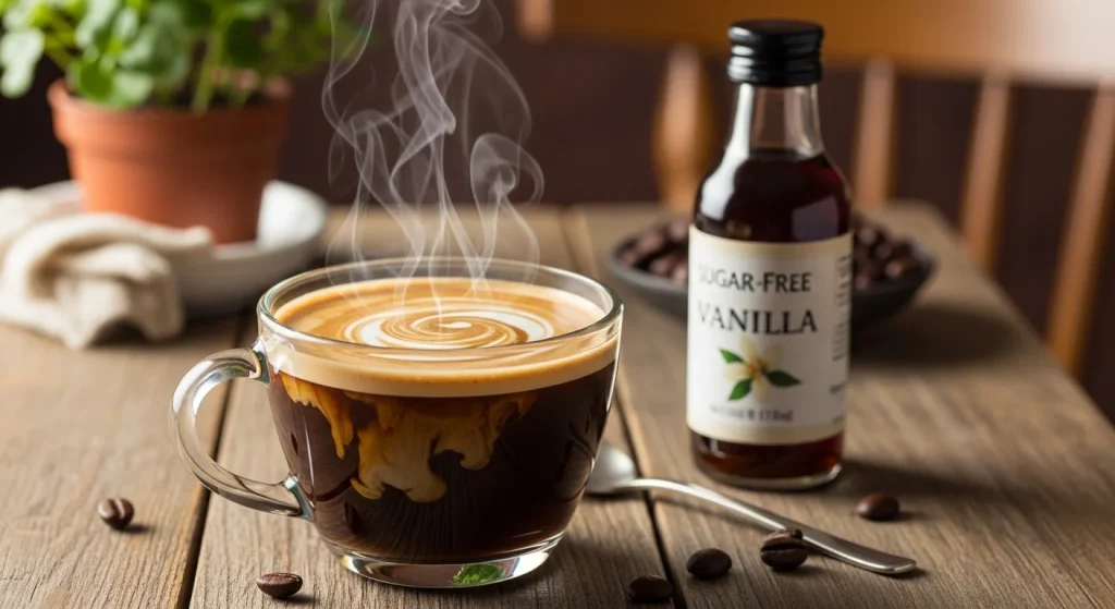 A steaming hot Americano in a clear glass mug on a rustic wooden table.