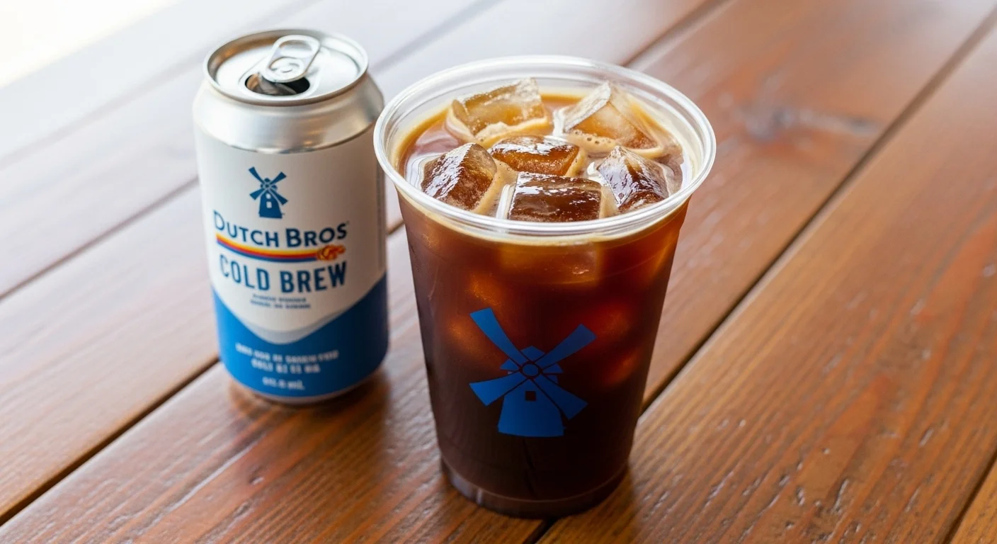 A Nitro-Infused Cold Brew drinks of dutch bros placed on a table.