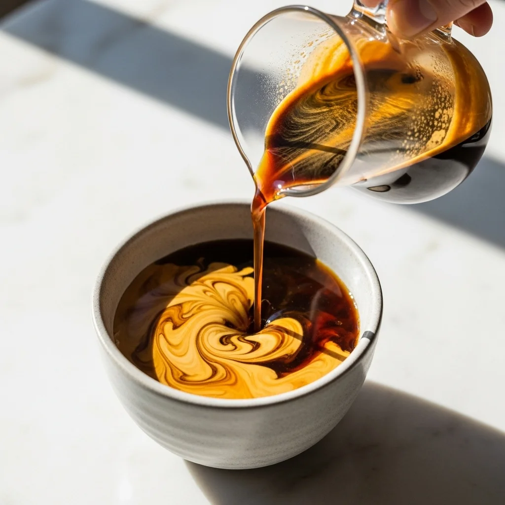  Espresso poured into a cup with syrup, swirling together.