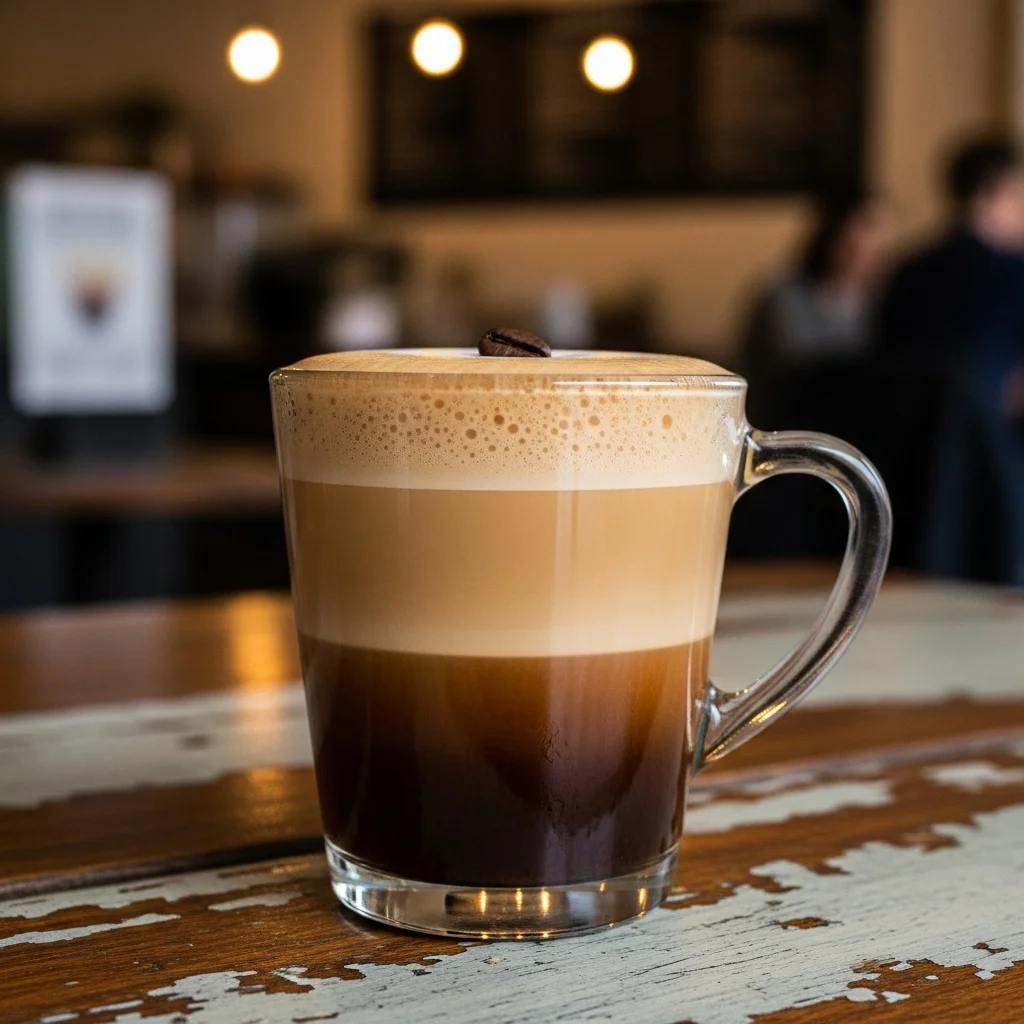 Completed keto latte in a glass with coffee bean garnish.