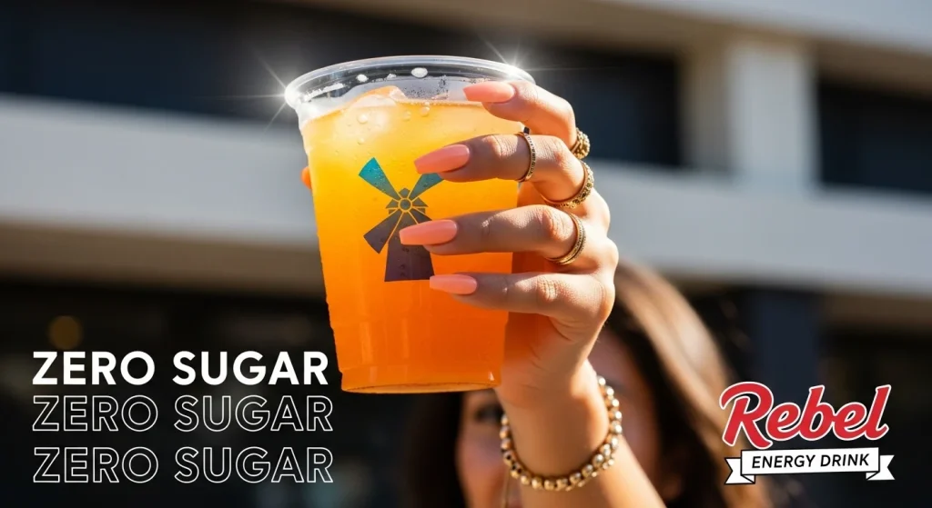 A dutch bros Zero Sugar Rebel drink with text info