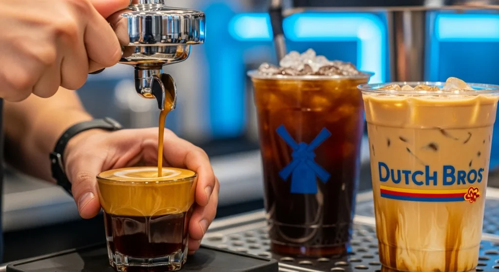 Guide to Dutch Bros Americano: Caffeine Content, Recipe, and Reviews 4 Freshly brewed espresso shots with golden crema being pulled from a professional espresso machine, styled with Dutch Bros–inspired colors.