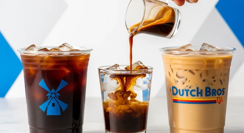 Guide to Dutch Bros Americano: Caffeine Content, Recipe, and Reviews 6 Espresso being poured into a glass of ice and water, creating a layered iced Americano effect.