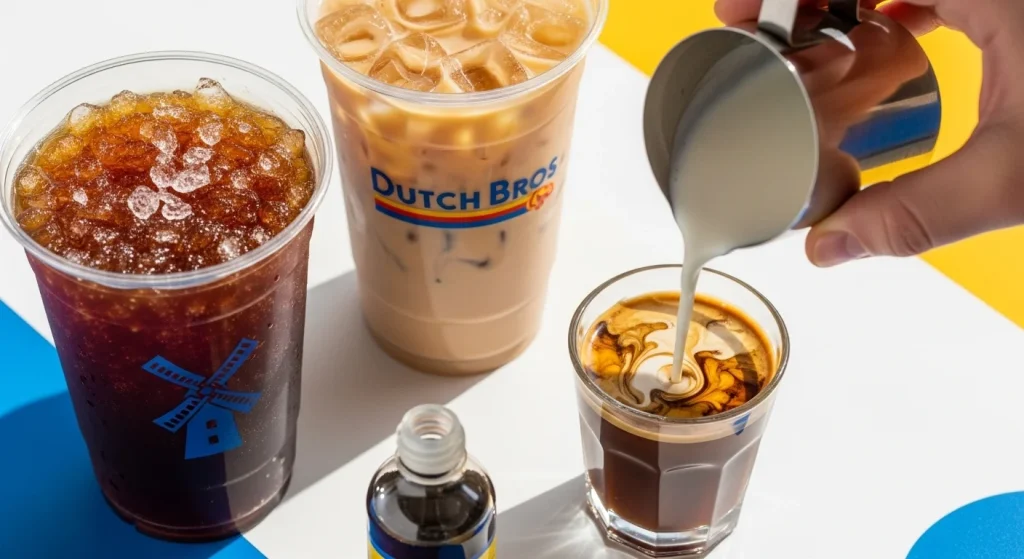 Guide to Dutch Bros Americano: Caffeine Content, Recipe, and Reviews 8 Milk being poured into an iced Americano, creating a swirling pattern, with syrup bottle nearby.
