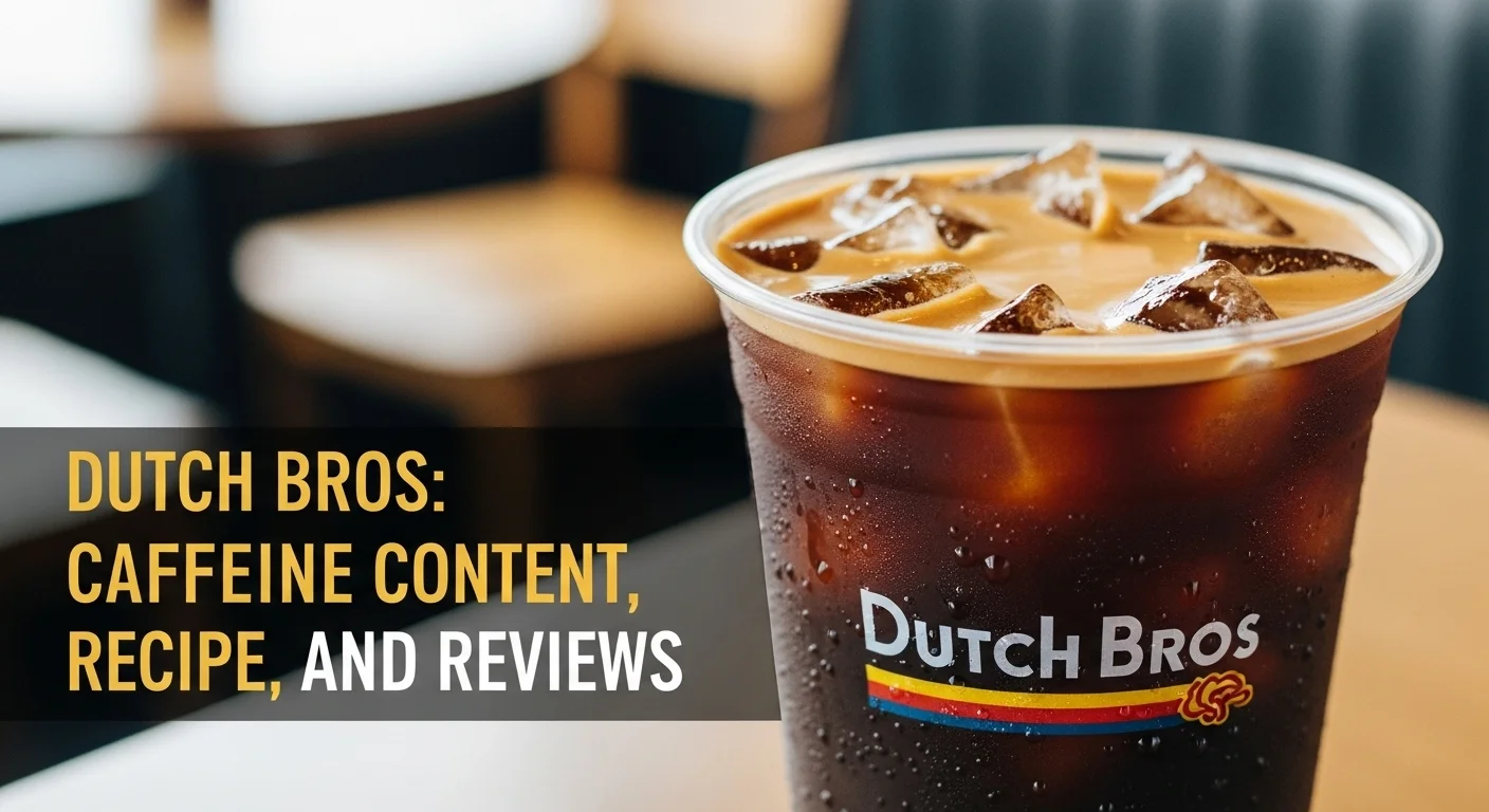 Dutch Bros iced Americano in clear plastic cup with ice cubes, espresso crema, and condensation, with café background and title text overlay.