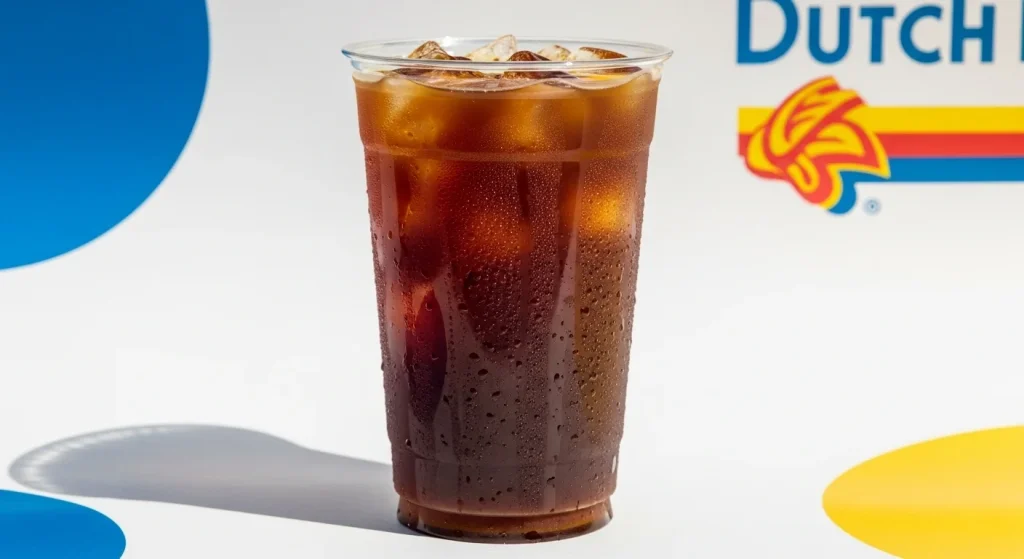 Guide to Dutch Bros Americano: Caffeine Content, Recipe, and Reviews 2 Iced Americano in a clear plastic cup with large ice cubes and condensation, showing rich coffee color and Dutch Bros–inspired styling.