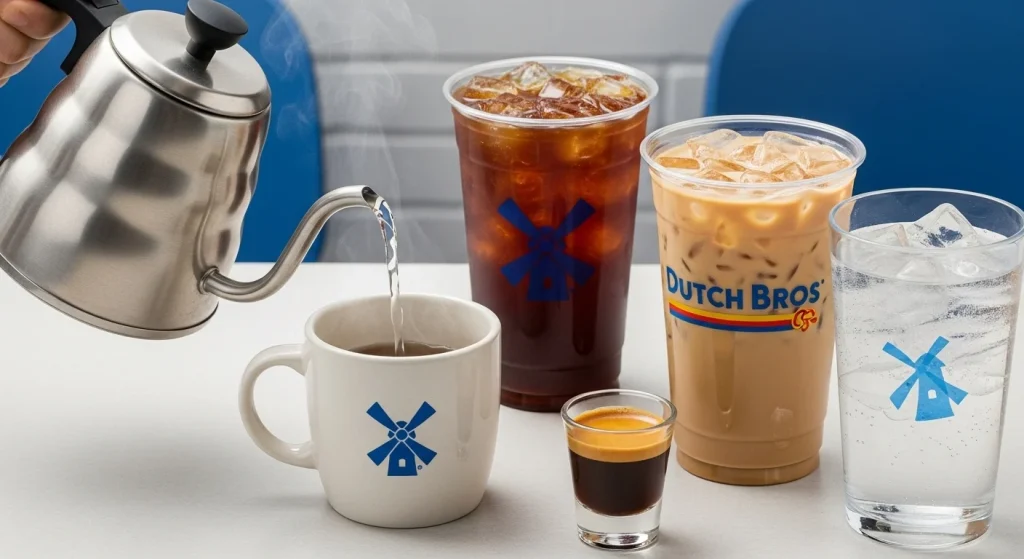 Guide to Dutch Bros Americano: Caffeine Content, Recipe, and Reviews 5 Hot water being poured from a kettle into a mug with steam rising, beside a glass of cold water with ice for an iced Americano.