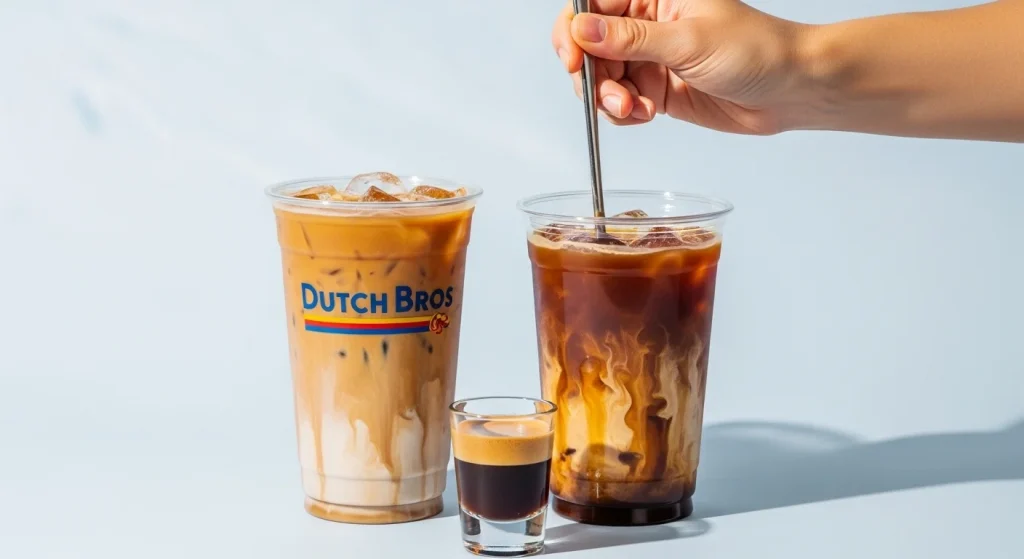 Hand stirring an iced Americano in a clear glass, blending espresso and water evenly.