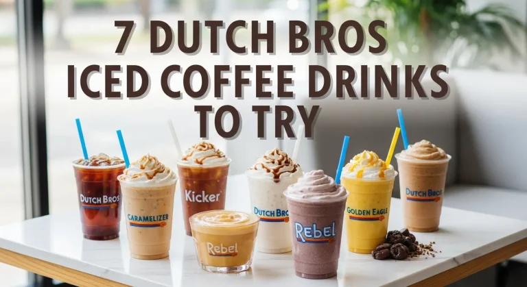 Seven Dutch Bros iced coffee drinks with ice and caramel drizzle, styled in bright, summery tones with bold title text overlay.