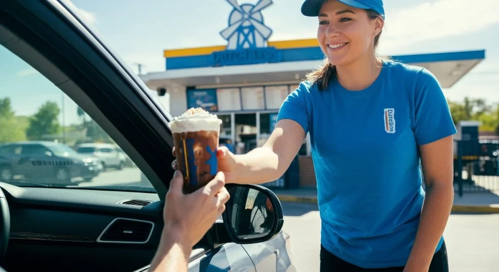 A woman wearing blue shirt serving iced coffee drinks at dutch bros drive through with smiling face.