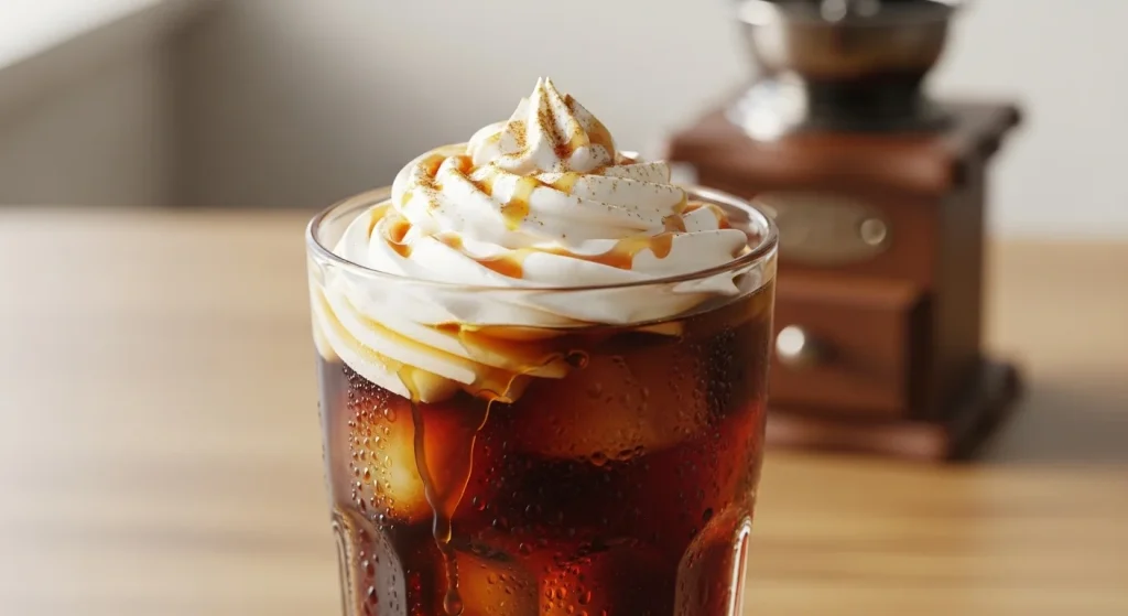 Refreshing glass of keto-style iced cold brew topped with creamy heavy whipping cream and a hint of cinnamon, perfect for low-carb mornings.