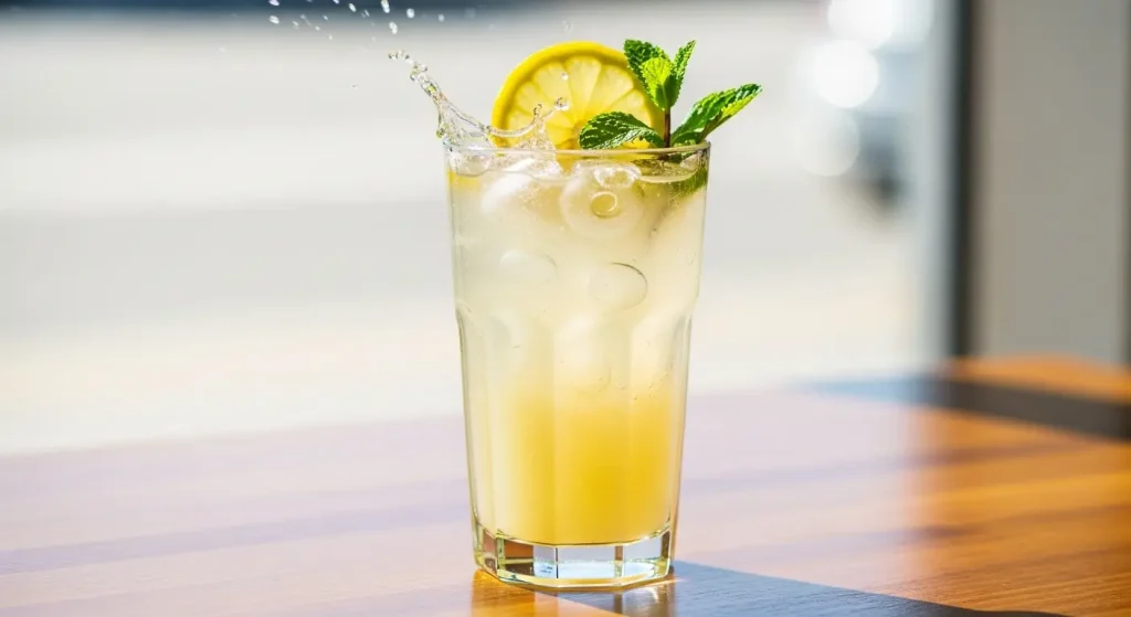 A tall, clear glass of iced Dutch Bros-style lemonade with ice cubes and a light yellow color, garnished with a lemon slice and a mint sprig on top. 