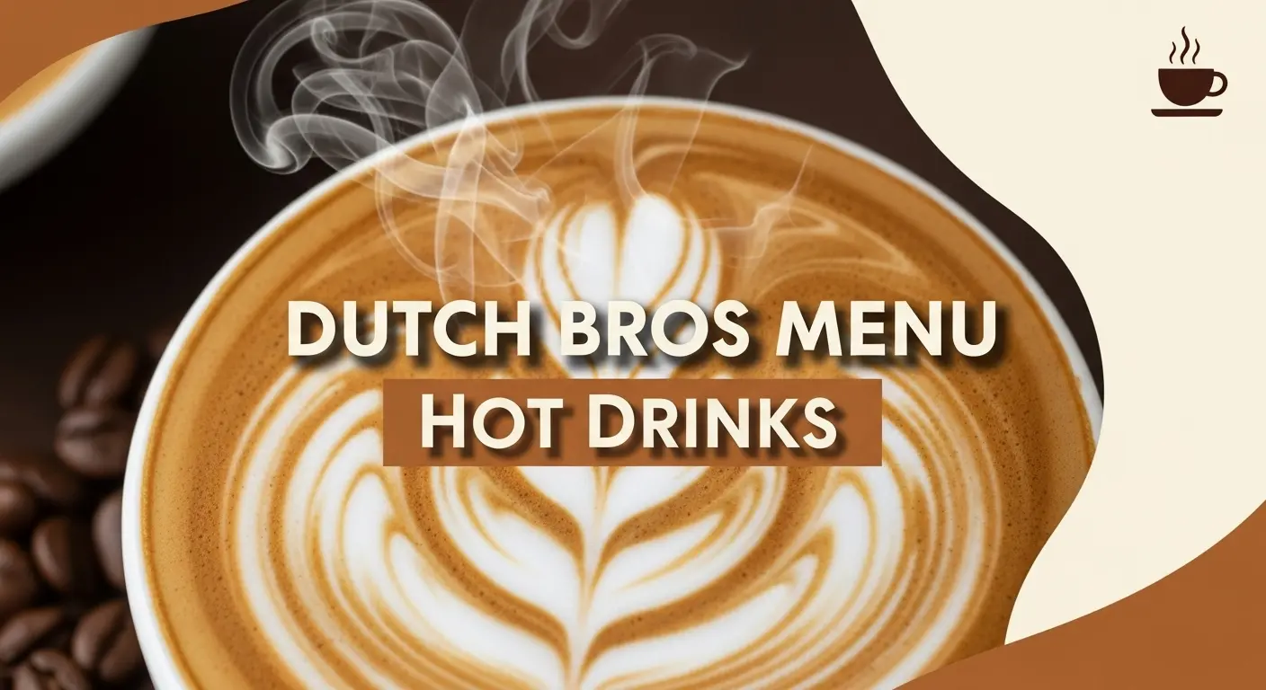 Thumbnail with latte art background and bold text reading Dutch Bros Menu Hot Drinks, styled in coffee brown and cream tones.