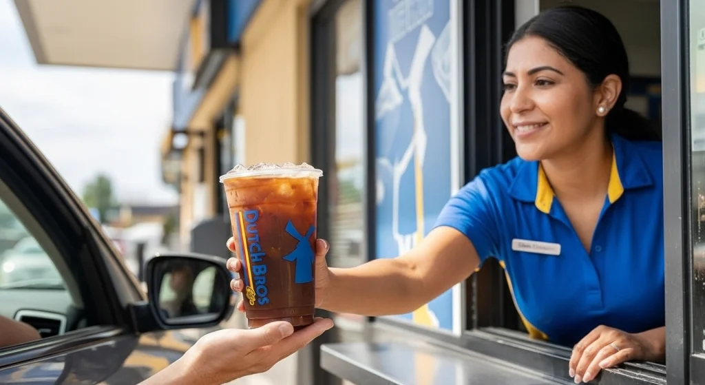 A woman smiling in drive through window with serving iced coffee drink to customer.