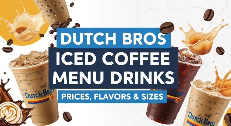 Dutch Bros iced coffee menu drinks thumbnail showing prices, flavors, and sizes in bold text with coffee cup design.