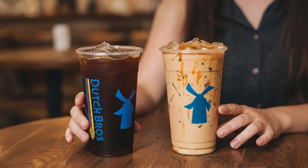 A person showing two iced coffee drinks at a wooden table.