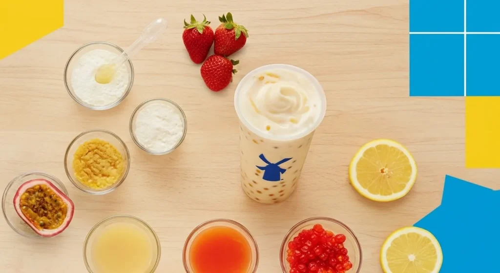 Dutch Bros Popping Boba: Try These Flavor-Packed Drinks Now 7 Homemade Dutch Bros popping boba drink with fruit juice pearls, soft top cream, and agar ingredients on a light background.