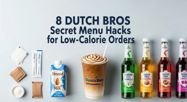 Flat lay of Dutch Bros iced coffee with almond milk and sugar-free syrups, bold title text reading ‘8 Dutch Bros Secret Menu Hacks for Low-Calorie Orders.