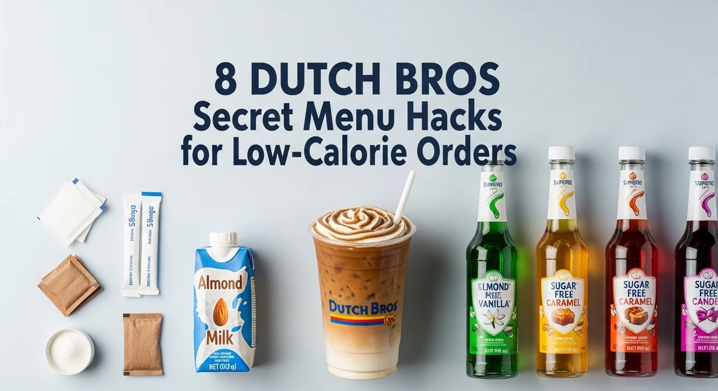 Dutch Bros Kids Menu with Prices: 11 Flat lay of Dutch Bros iced coffee with almond milk and sugar-free syrups, bold title text reading ‘8 Dutch Bros Secret Menu Hacks for Low-Calorie Orders.