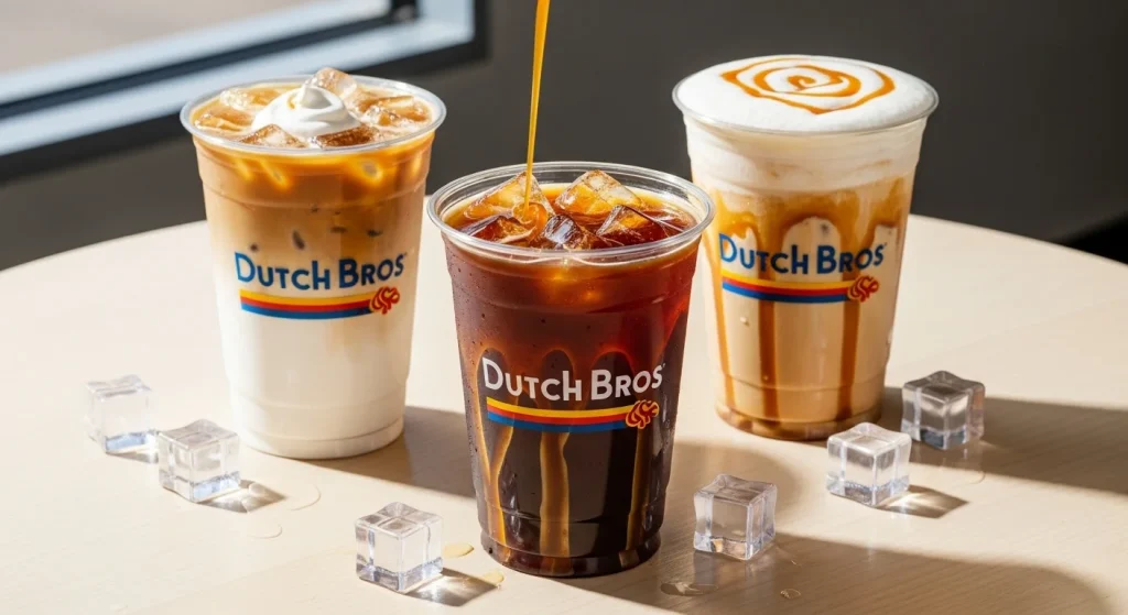 Three Dutch Bros skinny drinks including iced latte, sugar-free caramel cold brew, and skinny Golden Eagle with nonfat milk.