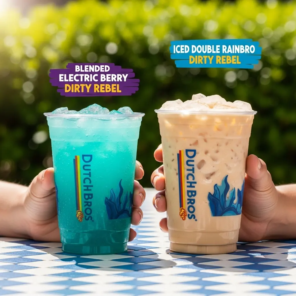 Two Electric Berry Dirty Rebel drinks with text on it.