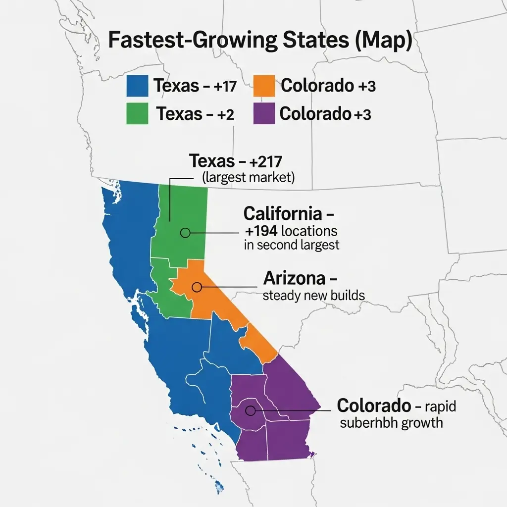 Dutch Bros Locations: 5 A visual Fastest-Growing States map of dutch bros location.