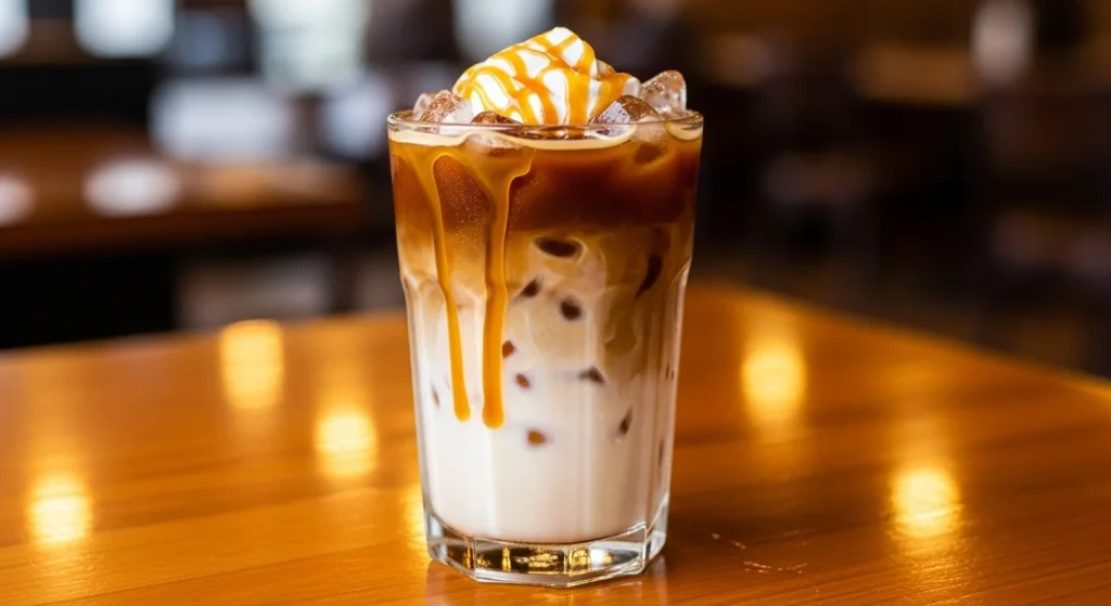 A glass of golden eagle iced coffee recipe at table ready to serve.