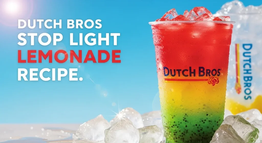 Colorful Dutch Bros Stop Light Lemonade with layered red, yellow, and green syrup over ice in a clear cup.