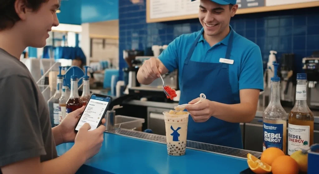 Dutch Bros Popping Boba: Try These Flavor-Packed Drinks Now 6 Barista adding popping boba pearls to a Dutch Bros drink while customer customizes their order at the counter.