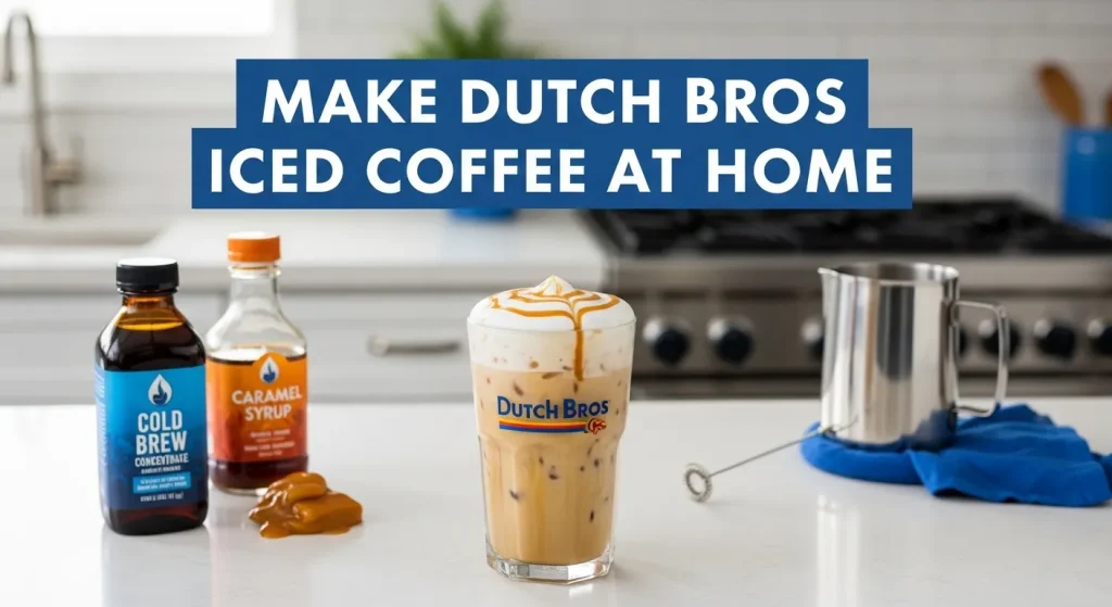 5 Seasonal Dutch Bros Iced Coffee Drinks 8 Homemade Dutch Bros iced coffee with cold foam and caramel drizzle on a kitchen counter, showing ingredients and step-by-step preparation.