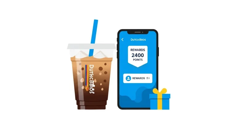 A minimalist, high-contrast thumbnail design showing an iced coffee cup with condensation, a smartphone displaying a rewards app, and a small gift icon. Bright Dutch Bros-inspired colors (blue, yellow, white).