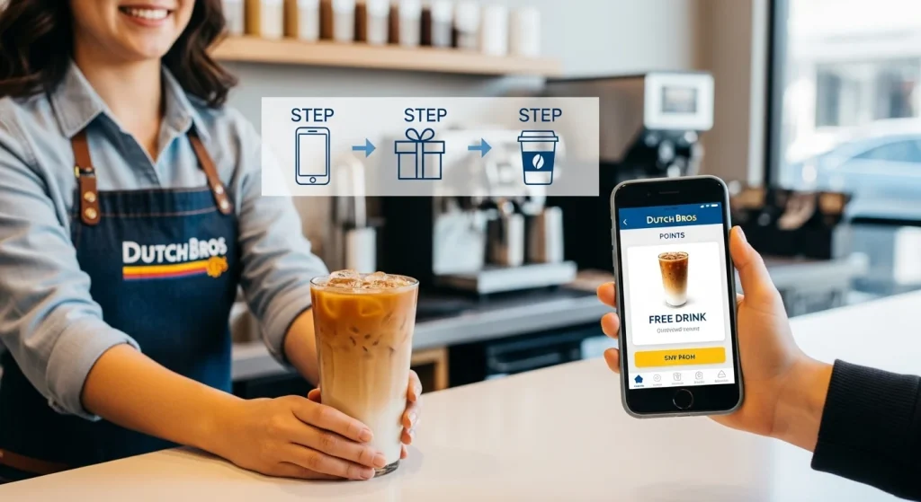 A bright, modern coffee shop counter with a barista handing a customer a tall iced coffee. The customer is holding a smartphone with the Dutch Bros style rewards app open on the screen, showing points and a free drink reward.