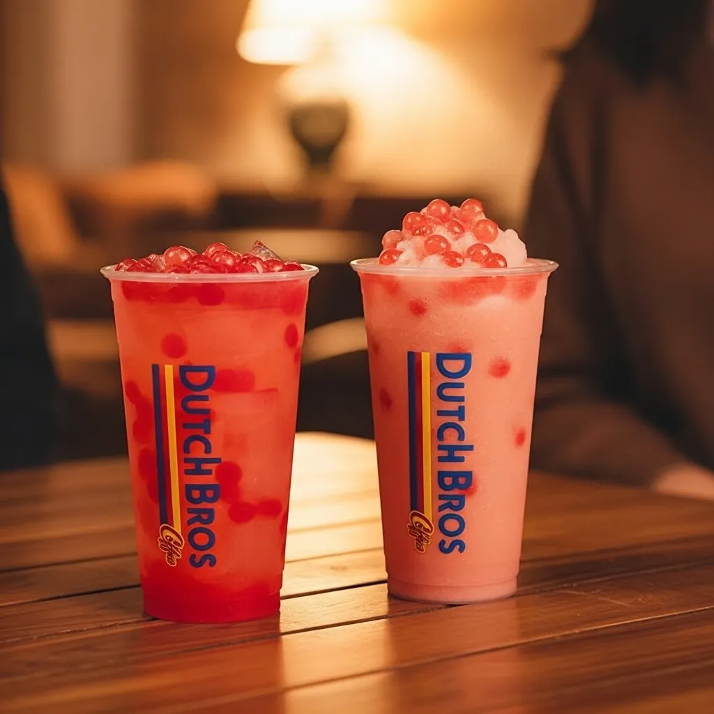 Dutch Bros Popping Boba: Try These Flavor-Packed Drinks Now 5 A Poppin’ Boba Berry Lemonade placed on a coffee table in a shop.