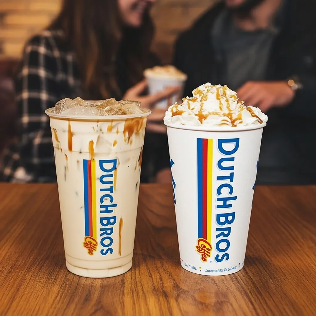 Dutch Bros Popping Boba: Try These Flavor-Packed Drinks Now 3 A Poppin’ Boba Caramel Chai placed on a wooden table in a coffee shop.